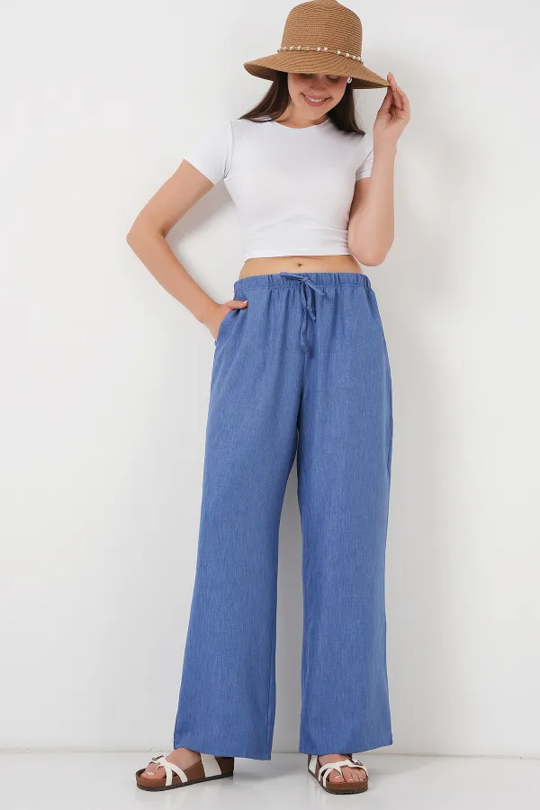 Women's Wide Leg Linen Trousers 6735 - Indigo