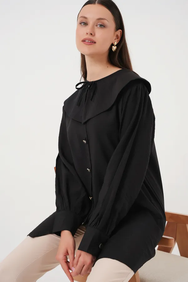 Women's Peter Pan Collar Long Tunic 5967 - Black