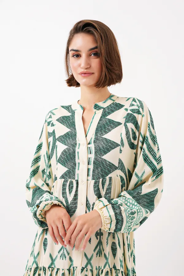 2423 Authentic Patterned Hijab Dress - Light Green