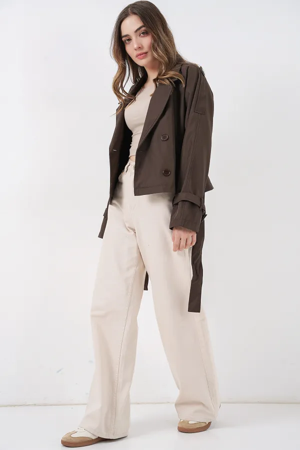 Kadın Kemerli Kısa Trençkot 5970 - A.Kahve