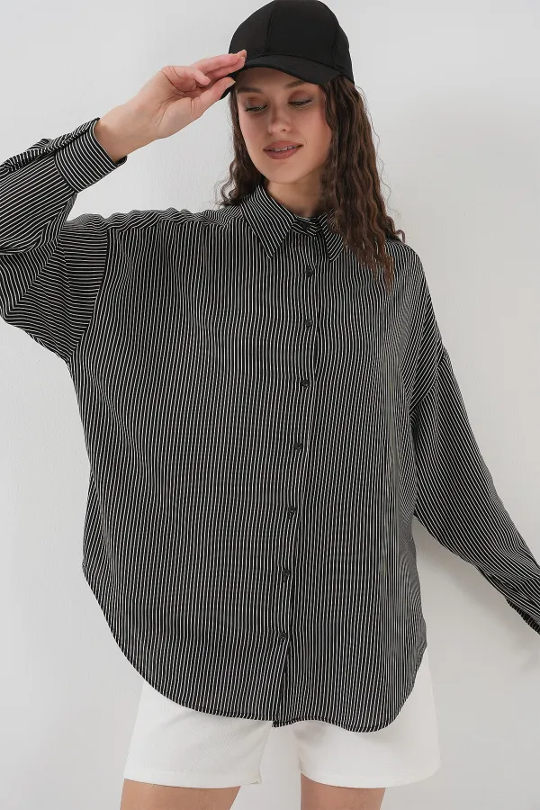Kadın Çizgili Oversize Gömlek 20295 - Siyah