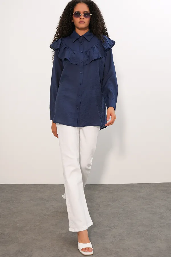 Women's Ruffle Detail Shirt Tunic 5994 - Navy Blue Women's Ruffle Detail Shirt Tunic 5994 - Navy Blue