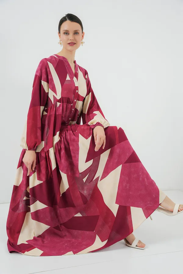 Robe hijab à motifs authentiques 2423 - B. Bordeaux