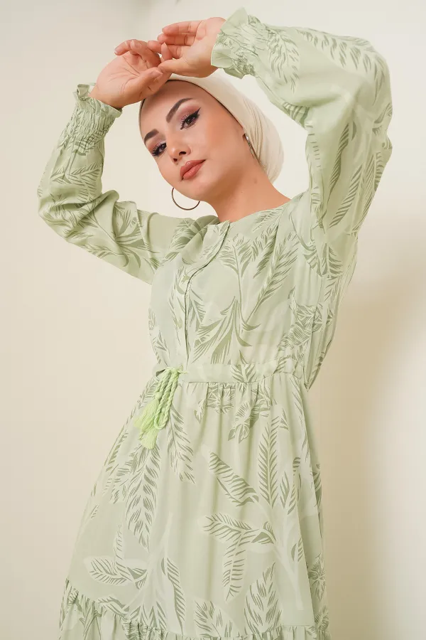 2145 Patterned Hijab Dress - Light Green 2145 Patterned Hijab Dress - Light Green