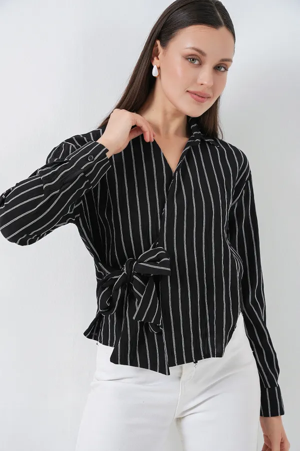 Women's Front Tie Striped Shirt 20362 - Black Women's Front Tie Striped Shirt 20362 - Black