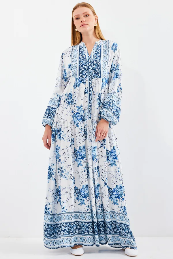 Women's Blue White Viscose Hijab Dress 2423