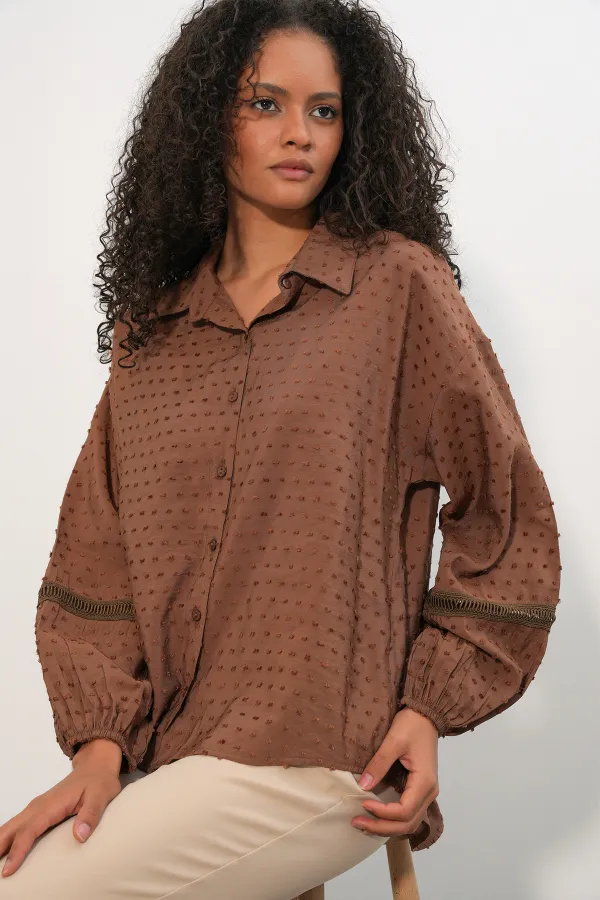 Kadın Oversize Desenli Gömlek 20379 - Taba Kadın Oversize Desenli Gömlek 20379 - Taba
