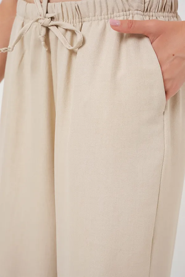 Kadın Geniş Paça Keten Pantolon 6735 - Krem