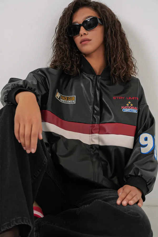 0698 Blouson aviateur en similicuir imprimé - Noir