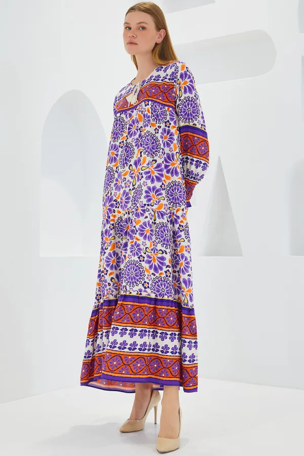 Women's Purple Tile Patterned Long Viscose Dress 1947