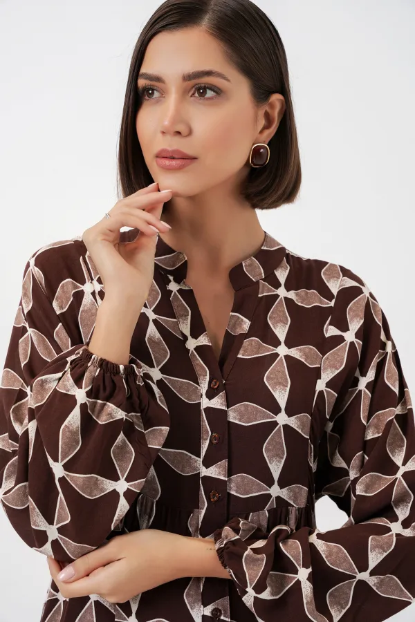 Kadın Desenli Uzun Tesettür Elbise 2585 - A.Kahve