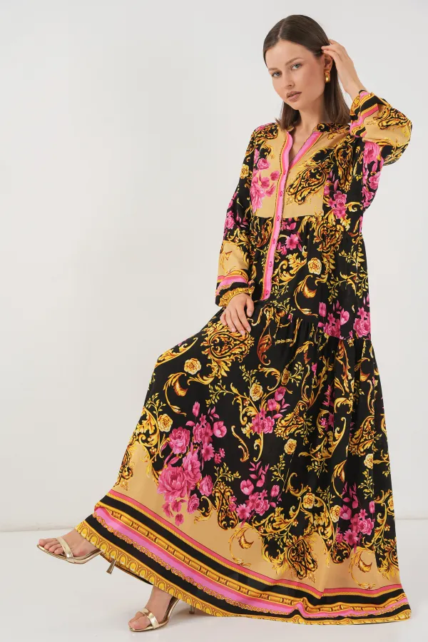 Kadın Desenli Uzun Tesettür Elbise 2585 - B.Sarı