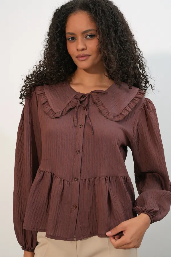 Women's Peter Pan Collar Shirt Blouse 993 - Brown