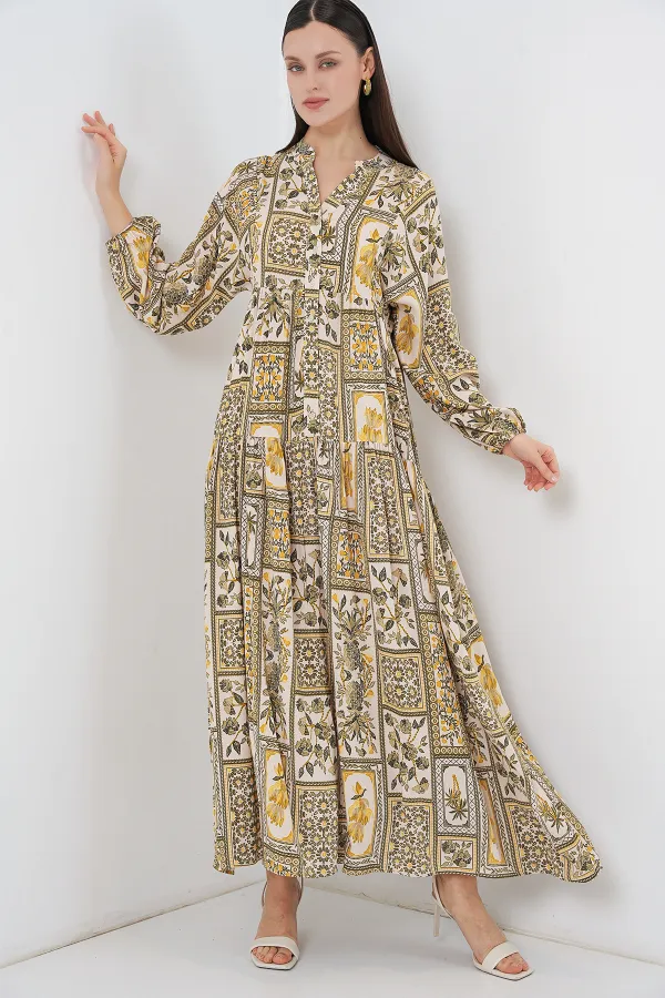 Kadın Desenli Uzun Tesettür Elbise 2585 - A.Hardal