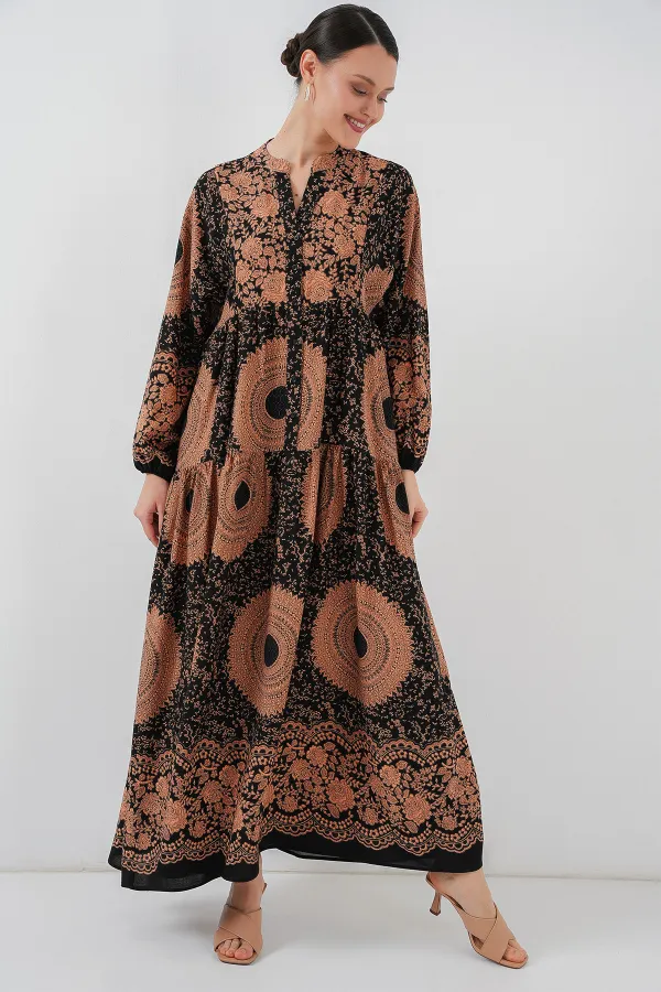 Robe hijab à motifs authentiques 2423 - Noir - Beige