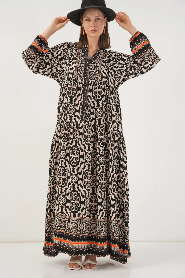 Kadın Desenli Uzun Tesettür Elbise 2585 - C.Siyah