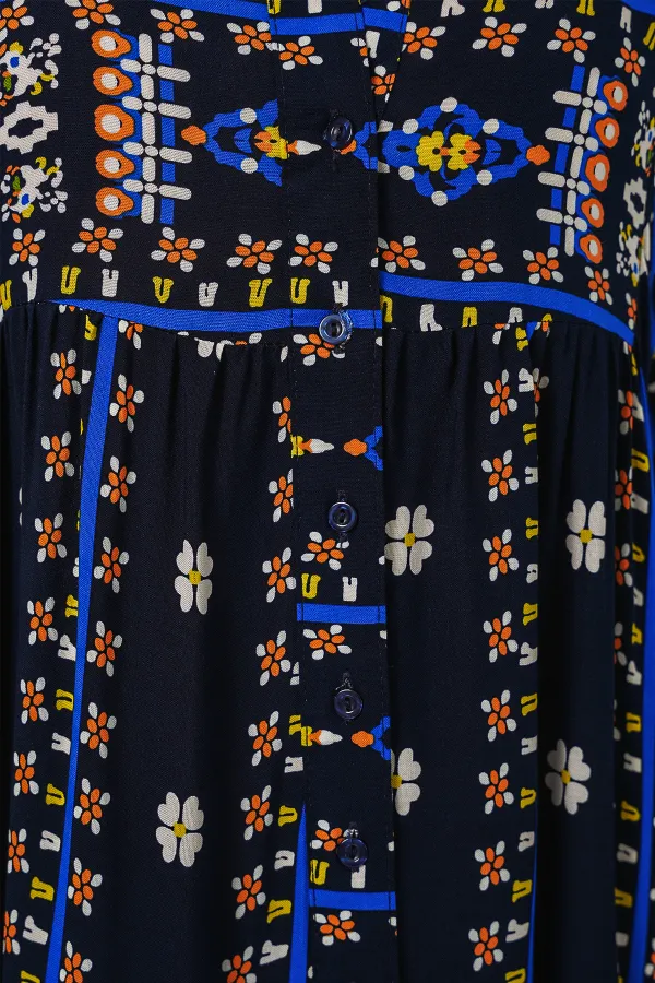 Kadın Desenli Uzun Tesettür Elbise 2585 - P. Lacivert