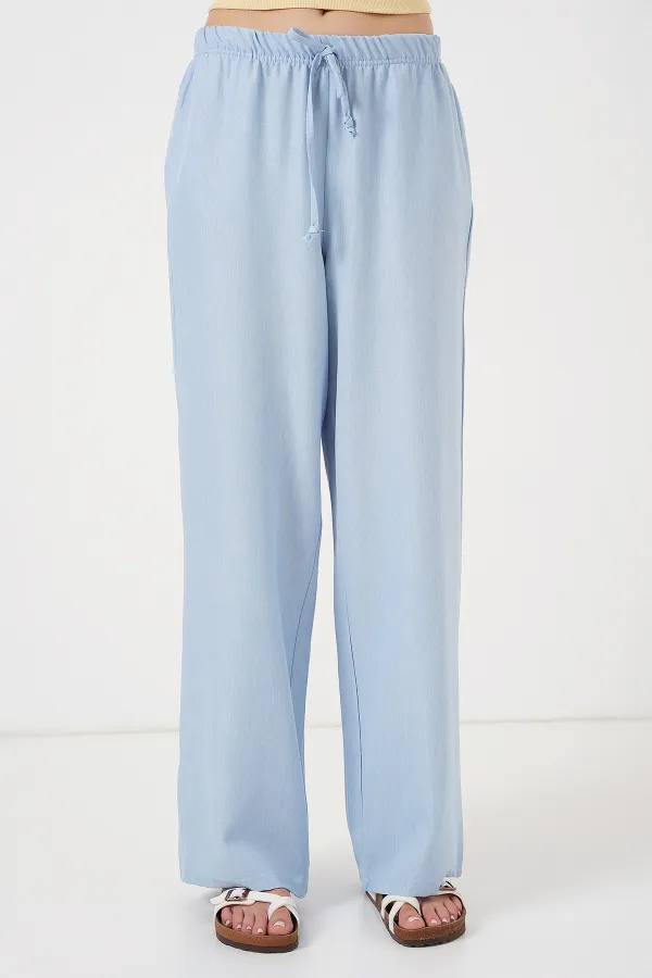 Kadın Geniş Paça Keten Pantolon 6735 - Mavi