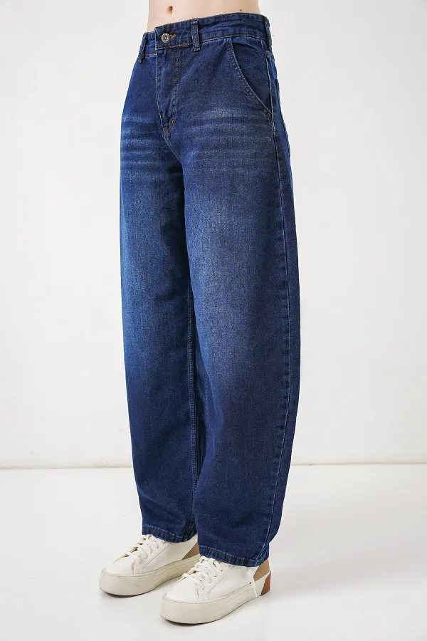 6689 Kadın Yüksek Bel Baggy Kot Pantolon - Lacivert