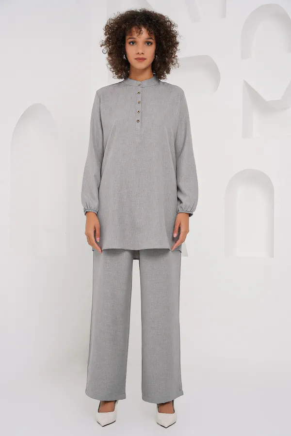 6678 Linen Tunic Trousers Two Piece Suit - Gray