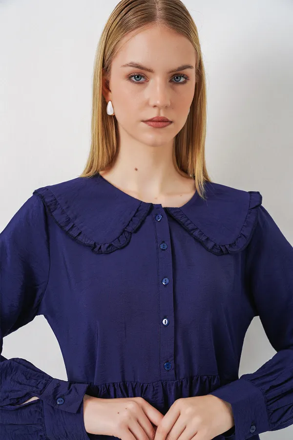 Kadın Bebe Yaka Uzun Tesettür Elbise 2592 - Lacivert