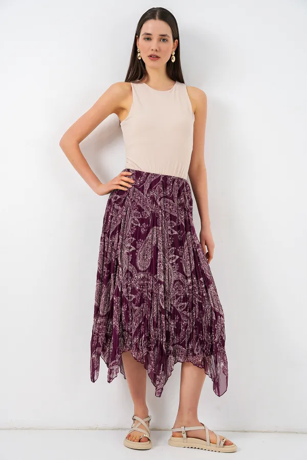 Kadın Asimetrik Tül Şifon Etek 8061 - Mürdüm