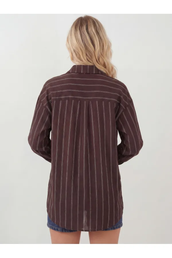 Kadın Çizgili Oversize Gömlek 20293 - Kahverengi