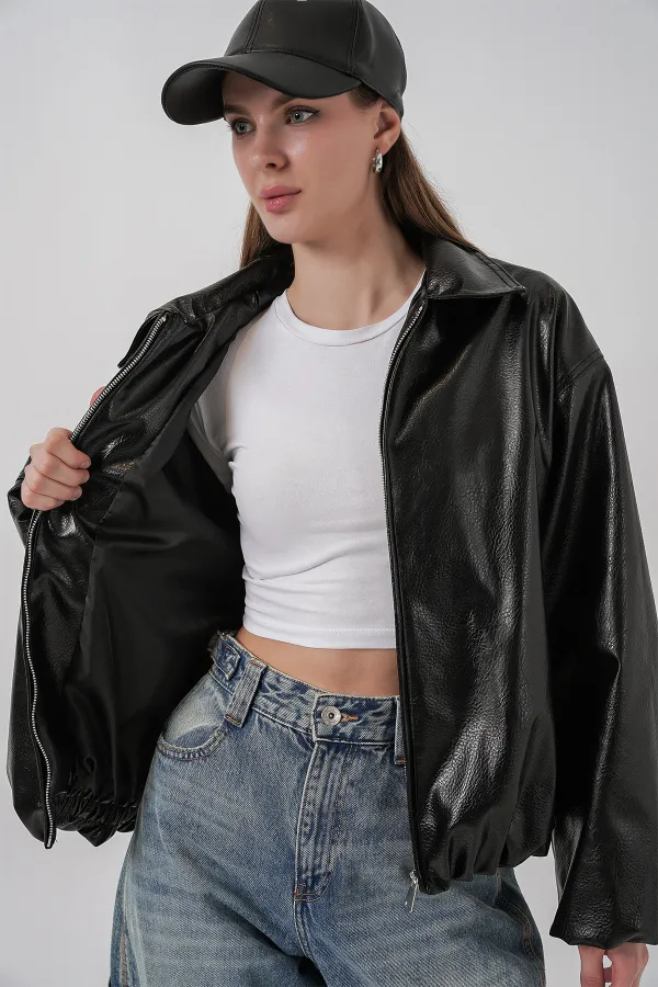Veste oversize en similicuir pour femme 1049 - Noir