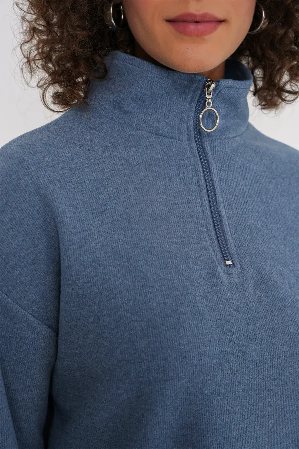 55449 Zippered Collar Knitted Sweatshirt - Indigo
