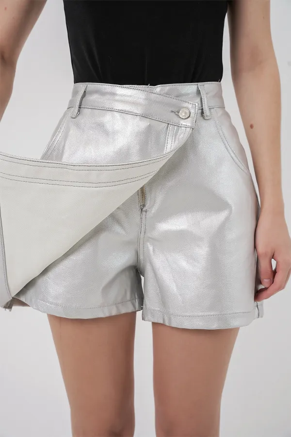Kadın Parlak Şort Etek 8044 - Gümüş