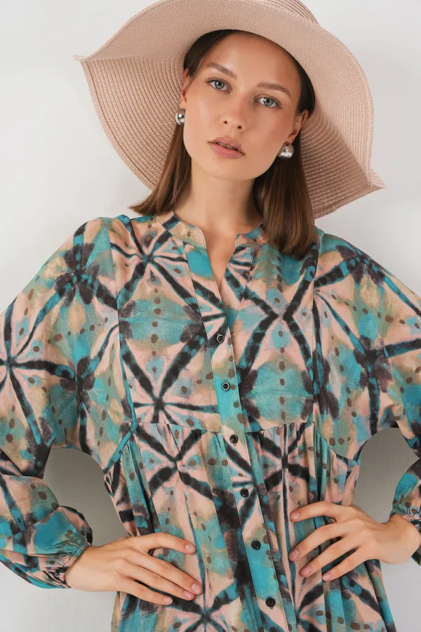 Kadın Desenli Uzun Tesettür Elbise 2585 - D. Mint