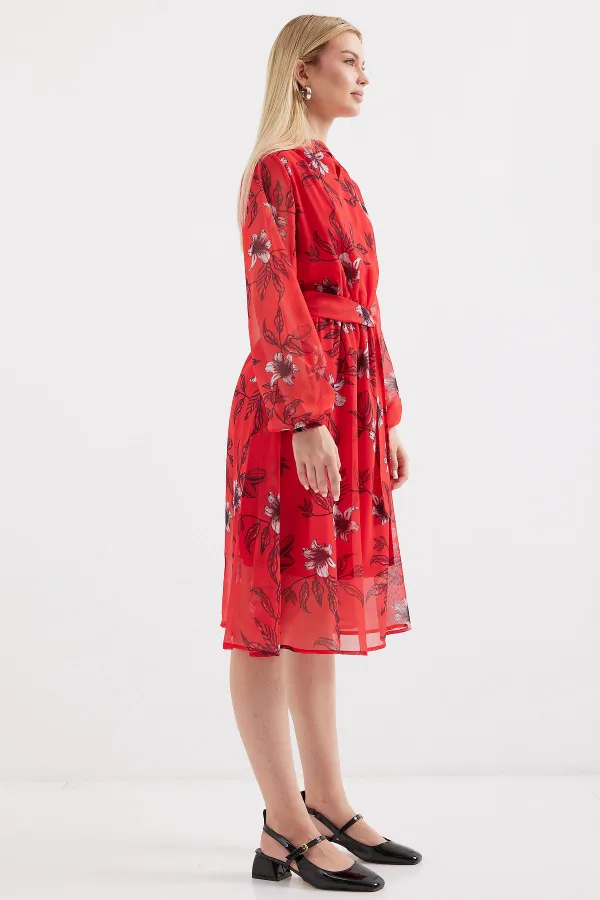 2459 Lined Patterned Tulle Dress - Red