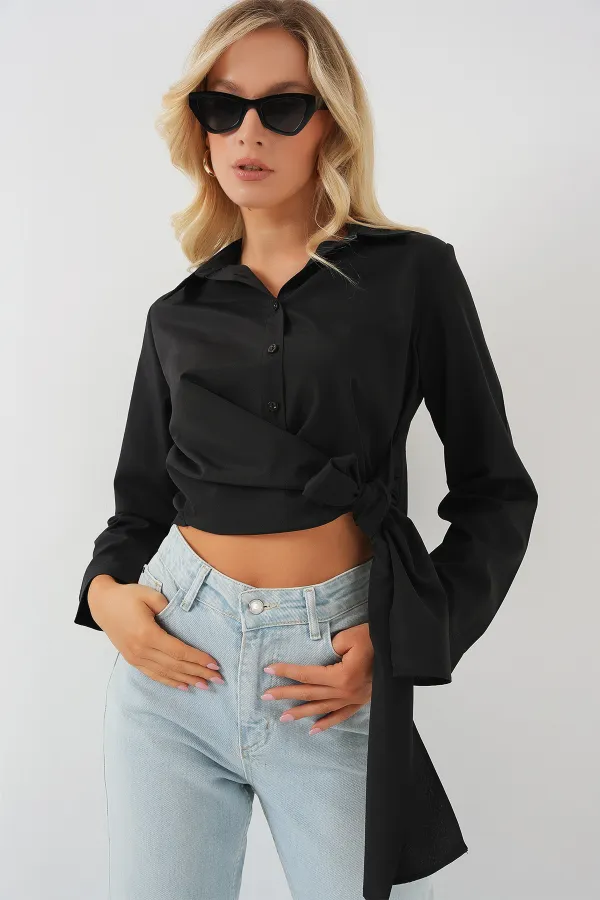 Chemise à manches longues nouée pour femme 20325 - Noire