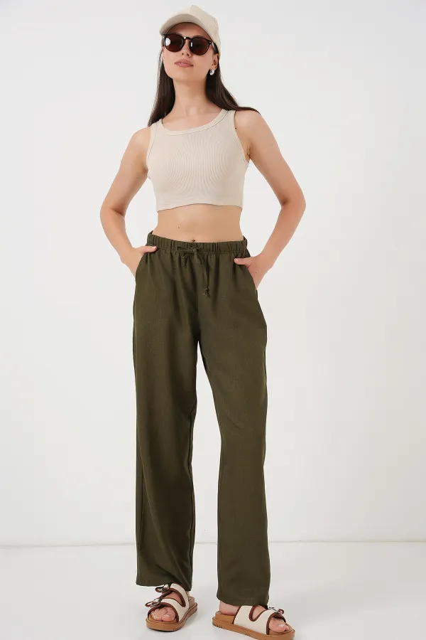 Women's Wide Leg Linen Trousers 6735 - Khaki