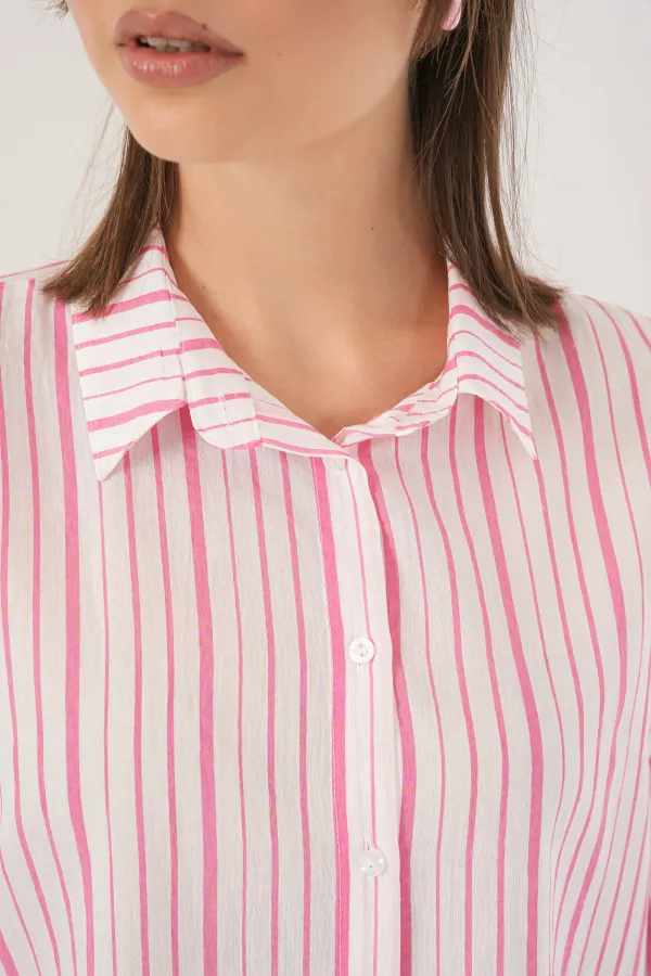 Kadın Çizgili Kısa Kol Gömlek 20345 - Pudra