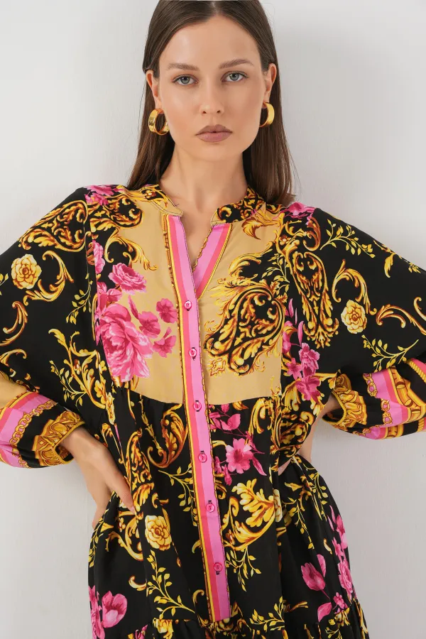 Kadın Desenli Uzun Tesettür Elbise 2585 - B.Sarı