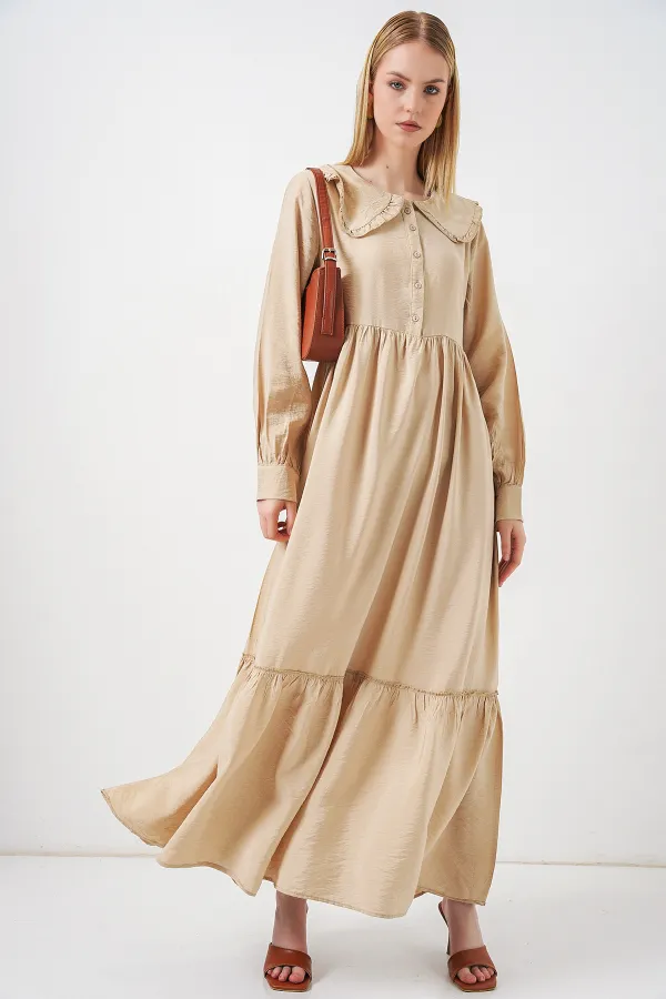 Kadın Bebe Yaka Uzun Tesettür Elbise 2592 - Bej