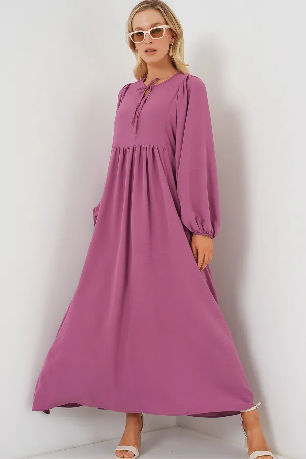 Women's Balloon Sleeve Long Hijab Dress 2464 - Rose Pink