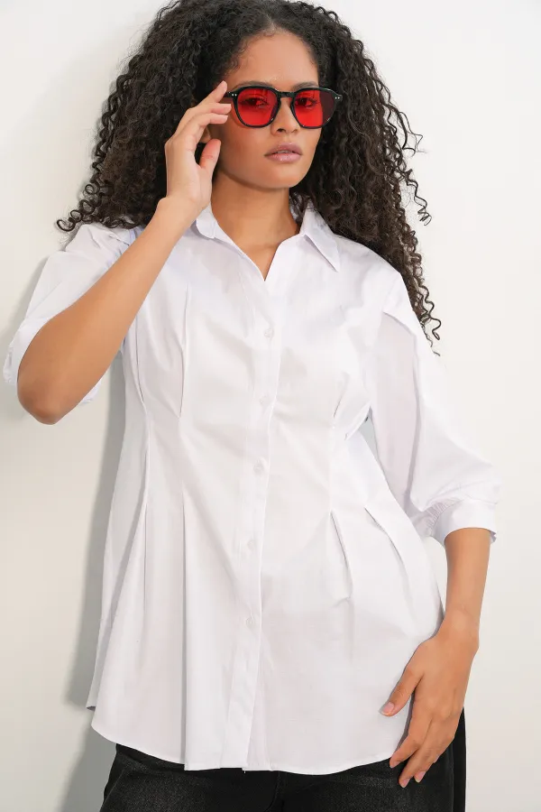 Women's Long Waist Fitted Shirt 20383 - White Women's Long Waist Fitted Shirt 20383 - White