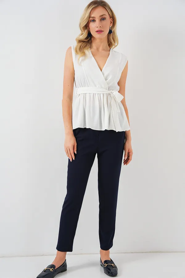 Kadın Kruvaze Yaka Kolsuz Bluz 966 - Beyaz