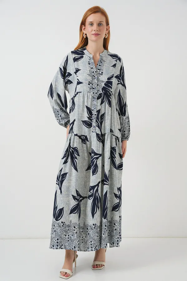 Robe longue hijab à motifs pour femme 2585 - Bleu - Bleu marine
