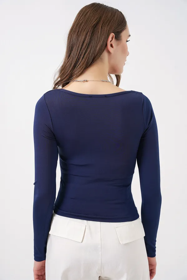 Kadın Kare Yaka Slim Fit Bluz 986 - Lacivert