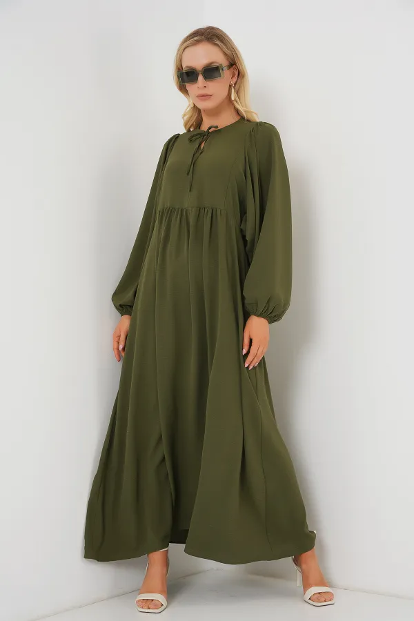 Women's Balloon Sleeve Long Hijab Dress 2464 - Khaki