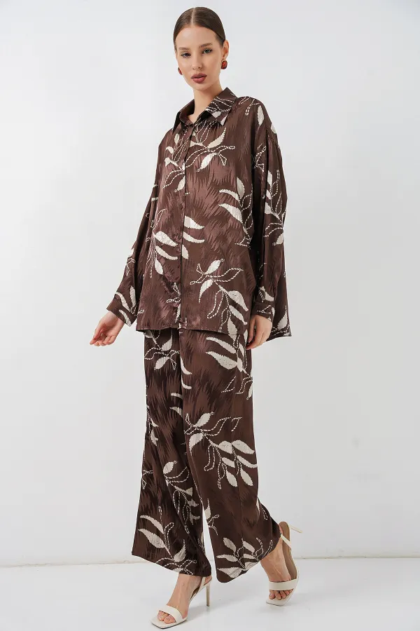 Kadın Uzun Jakalı Alt Üst İkili Takım 30089 - Kahverengi