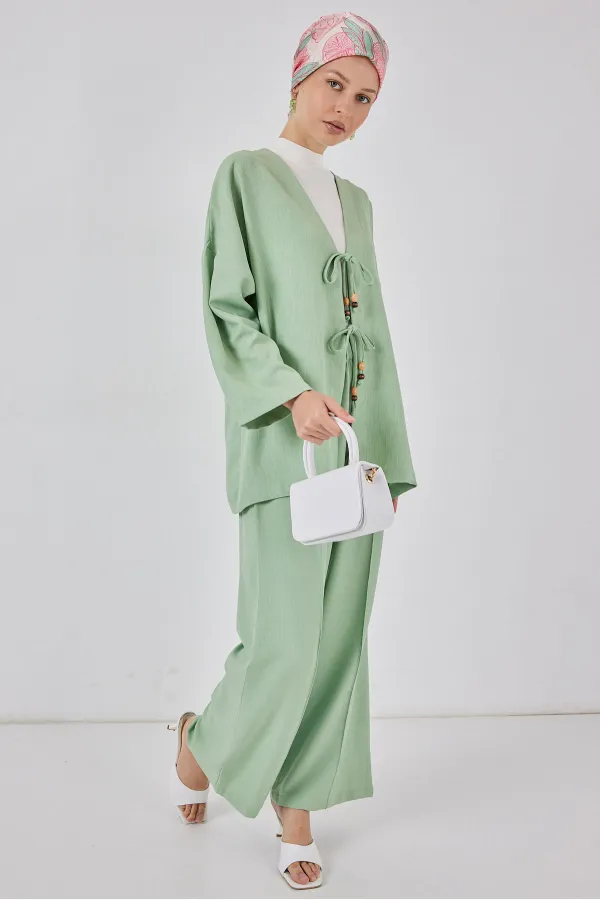 Kadın Keten Kimono İkili Takım 6727 - E.Yeşil