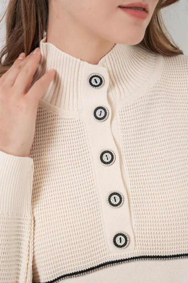 Ensemble deux pièces en maille rayée oversize pour femme 15957 - Écru