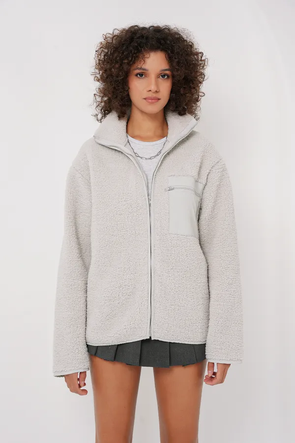 55446 Zippered Oversize Plush Jacket - Stone