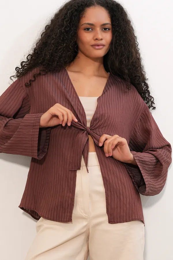 Women's Front Lace-Up Blouse 952 - Brown Women's Front Lace-Up Blouse 952 - Brown