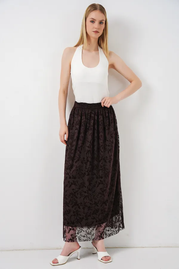 Kadın Flok Baskılı Astarlı Etek 8076 - Kahverengi