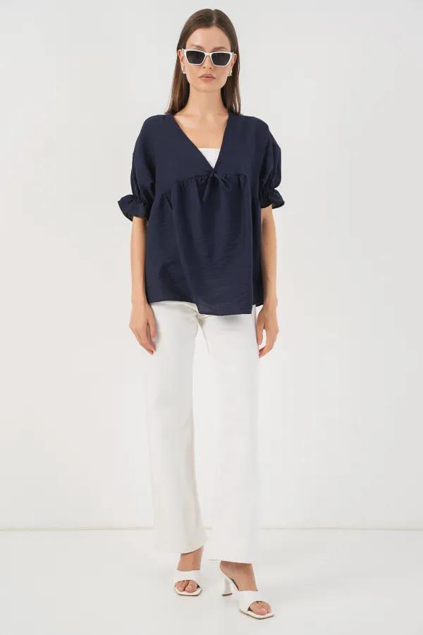 Kadın Önü Bağcıklı Kısa Kol Bluz 962 - Lacivert